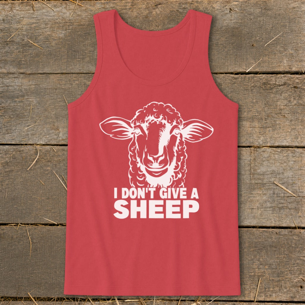 Red tank top with a white sheep graphic and text "I DON'T GIVE A SHEEP".