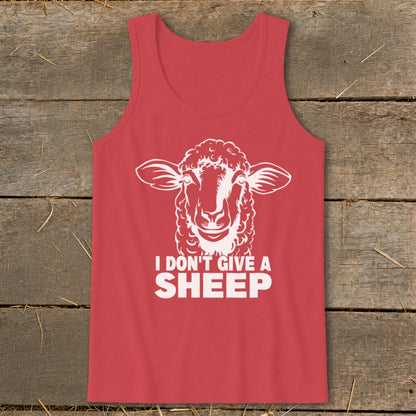 Red tank top with a white sheep graphic and text "I DON'T GIVE A SHEEP".