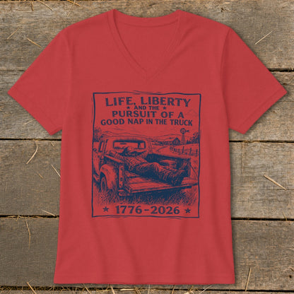 Red t-shirt with "Life, Liberty and the Pursuit of a Good Nap in the Truck" graphic.