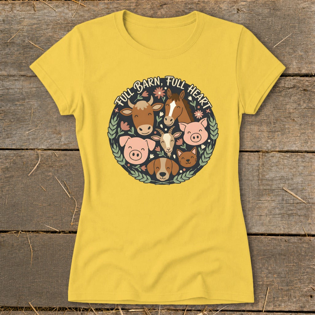 Yellow t-shirt with a circular farm animal illustration and text "FULL BARN, FULL HEART".