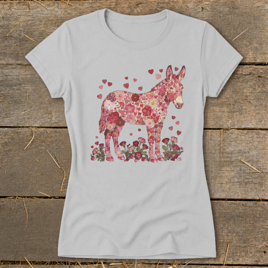 T-shirt with a pink floral donkey and hearts illustration.