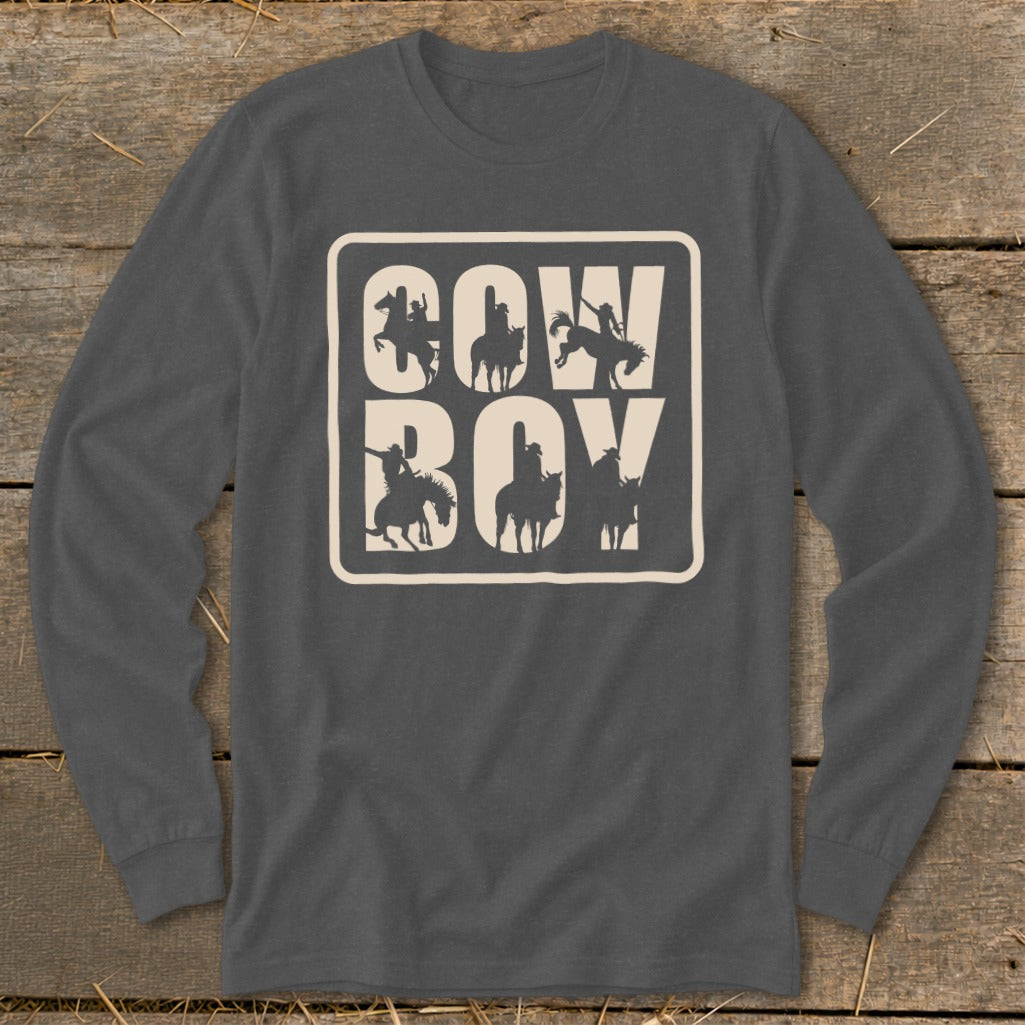 Long sleeve t-shirt with cream "Cowboy" text and silhouette cowboys on horses.