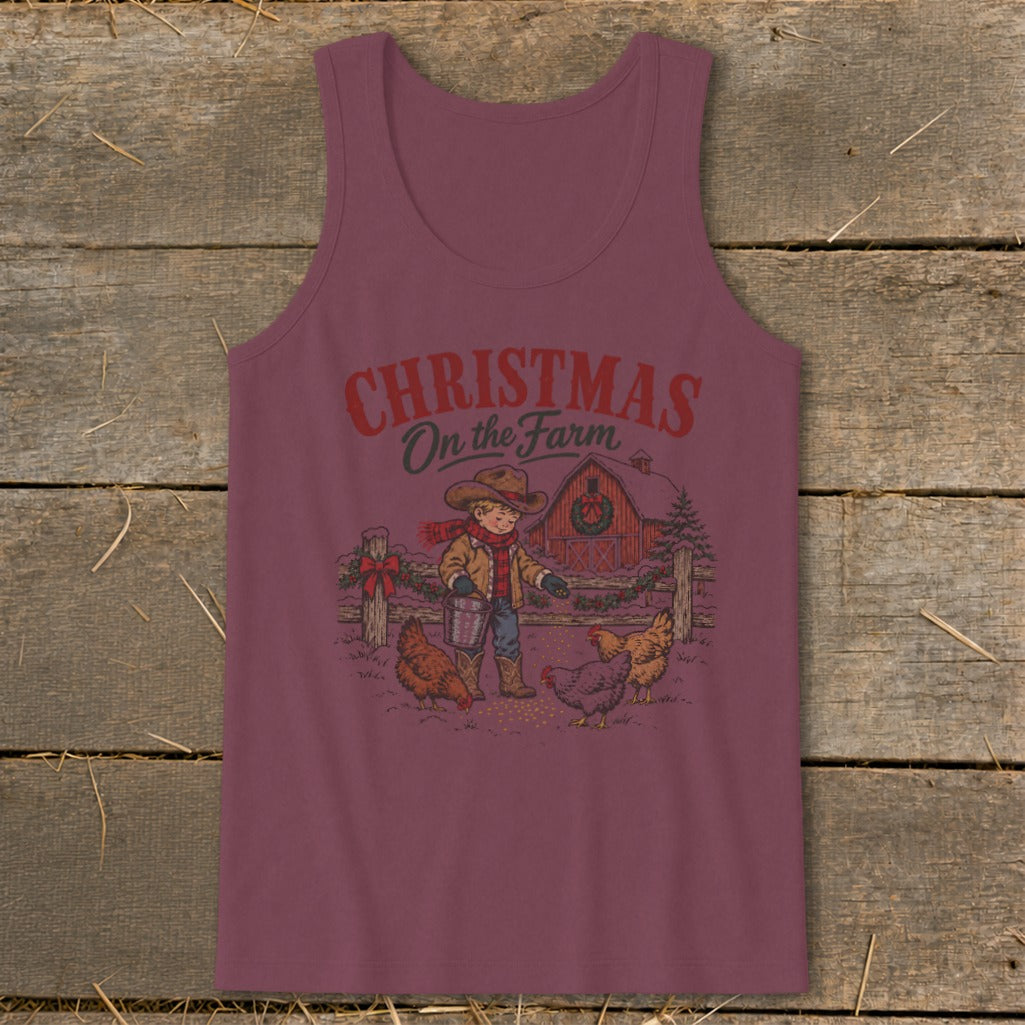 Maroon tank top with "Christmas On the Farm" graphic of a boy feeding chickens.