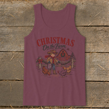 Maroon tank top with "Christmas On the Farm" graphic of a boy feeding chickens.
