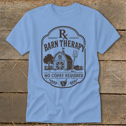 Light blue t-shirt with "Barn Therapy No Copay Required" graphic and farm scene.