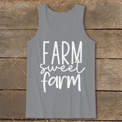 Gray tank top with white text "FARM sweet farm"