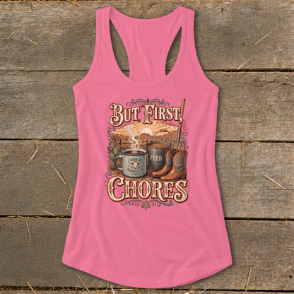 Pink tank top with "But First, Chores" text and cowboy-themed graphics.