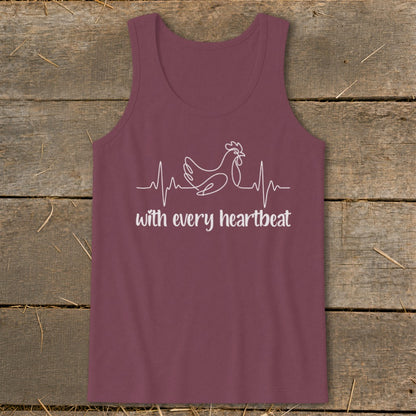Maroon tank top with a white chicken heartbeat graphic and text.