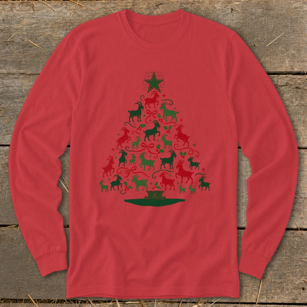 Red long sleeve shirt with a Christmas tree design made of red and green goats.