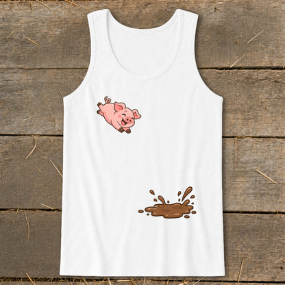 White tank top with cartoon pig jumping over mud splash.