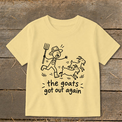 T-shirt with drawing of farmer chasing goats and text "the goats got out again".