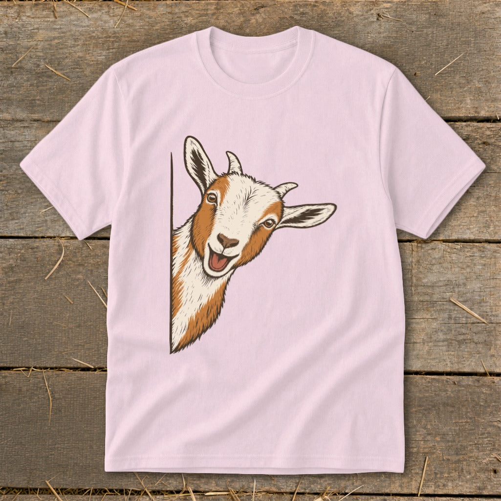 Pink t-shirt with a peeking goat illustration.