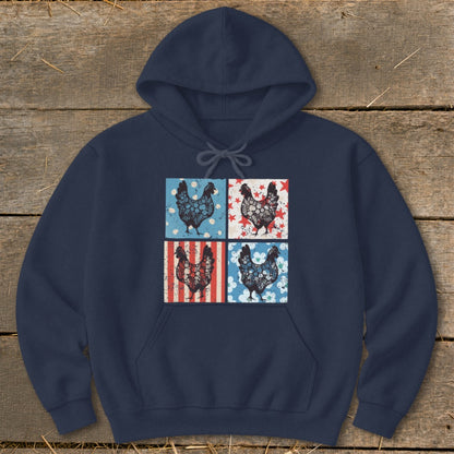 Navy hoodie with a four-panel distressed chicken and American flag print.