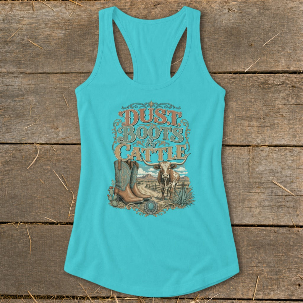 Teal tank top with "Dust Boots & Cattle" graphic, cowboy boots, and a cow.