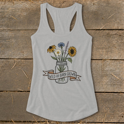 Gray tank top with mason jar bouquet and "Wild and Barn Grown" banner.