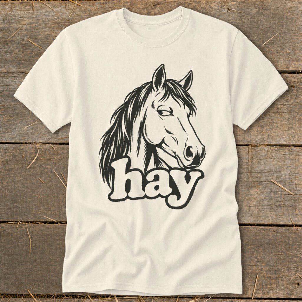 Cream t-shirt with black graphic of a horse's head and the word "hay".