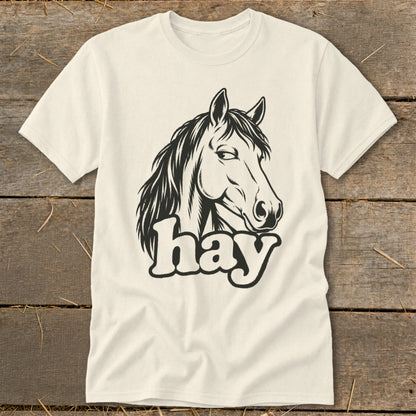 Cream t-shirt with black graphic of a horse's head and the word "hay".