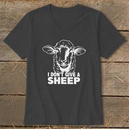 Dark grey v-neck t-shirt with a white sheep graphic and text that reads "I DON'T GIVE A SHEEP".