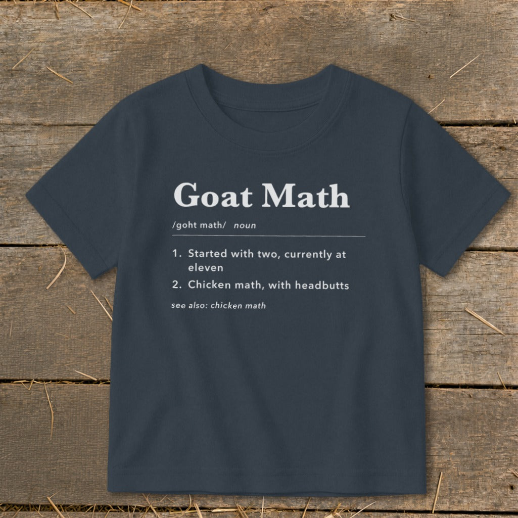 Navy t-shirt with "Goat Math" definition, including two numbered entries and "see also".