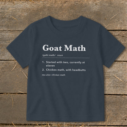Navy t-shirt with "Goat Math" definition, including two numbered entries and "see also".