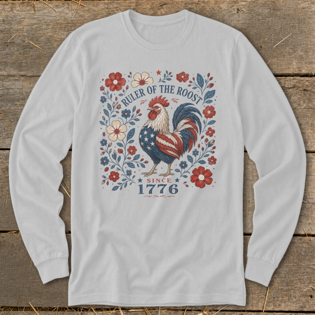 Rooster with American flag pattern, surrounded by floral design and text "RULER OF THE ROOST SINCE 1776".