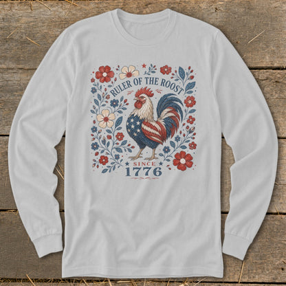 Rooster with American flag pattern, surrounded by floral design and text "RULER OF THE ROOST SINCE 1776".