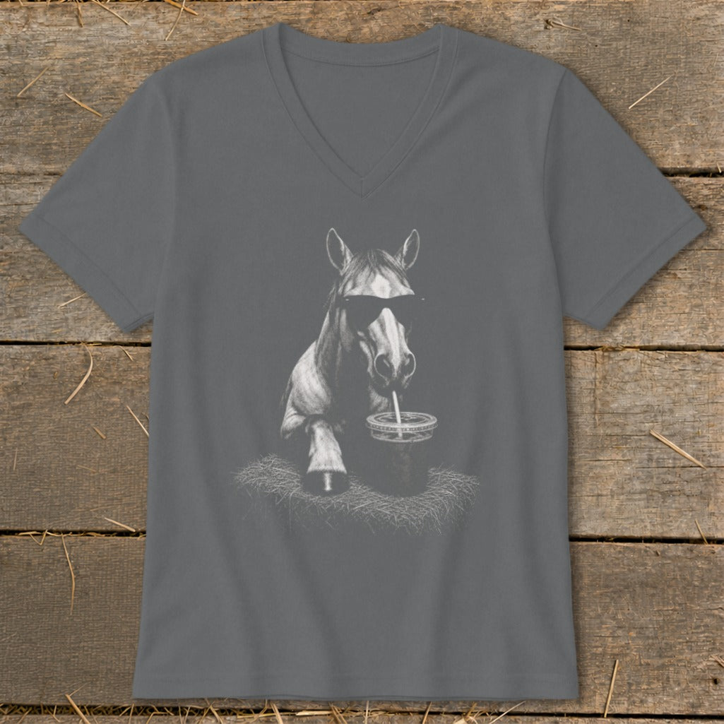 Horse wearing sunglasses, drinking from a cup with a straw, on a t-shirt.
