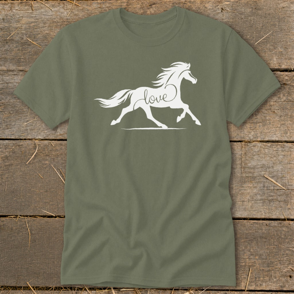 Olive green t-shirt with a white running horse graphic and the word "love"