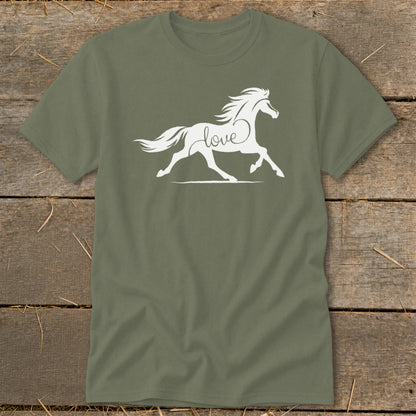 Olive green t-shirt with a white running horse graphic and the word "love"