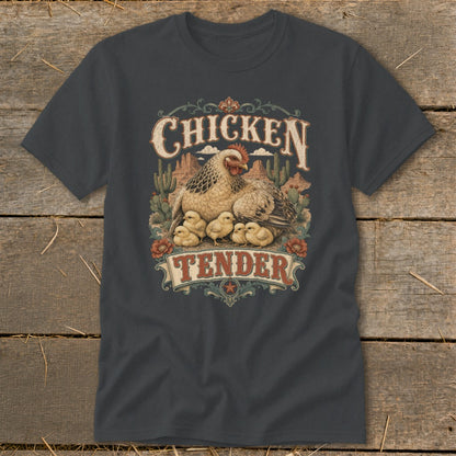 Chicken Tender graphic on dark gray t-shirt with hen and chicks, desert landscape, and decorative border.