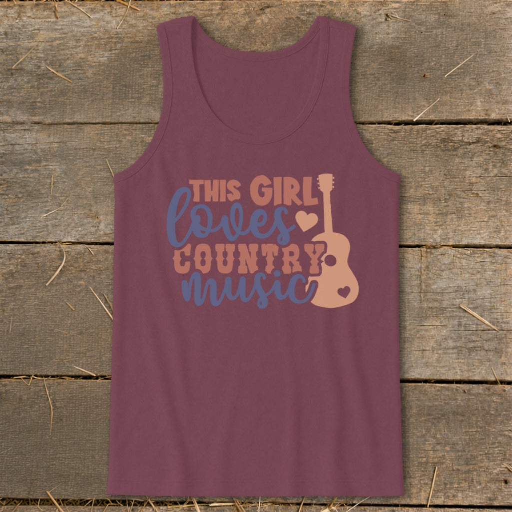 Maroon tank top with "This Girl Loves Country Music" text and guitar graphic.