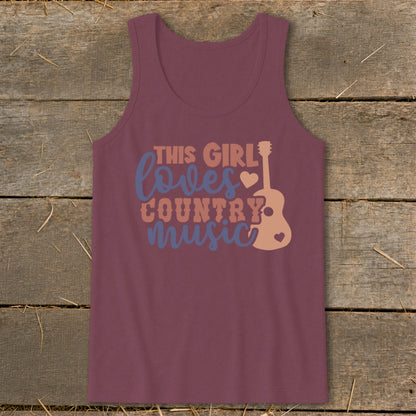 Maroon tank top with "This Girl Loves Country Music" text and guitar graphic.