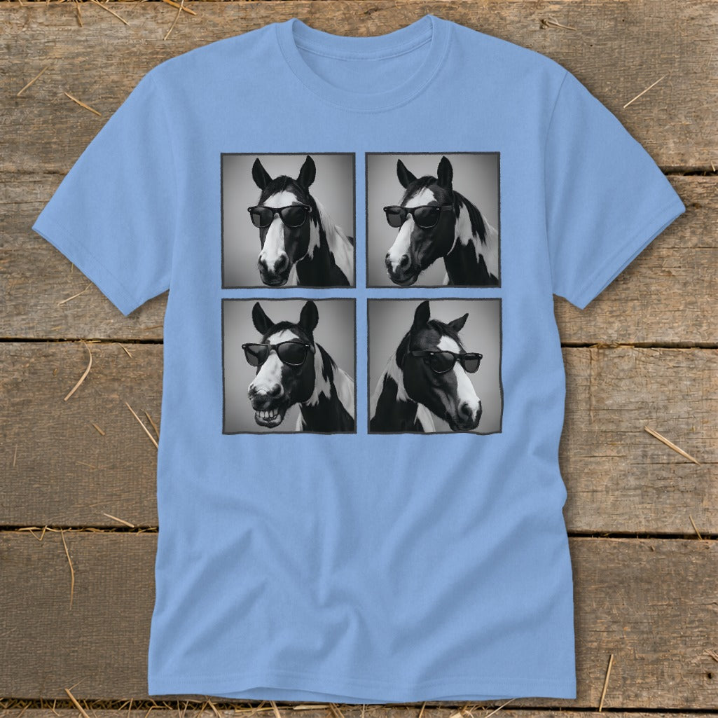 Four black and white portraits of a piebald horse wearing sunglasses.