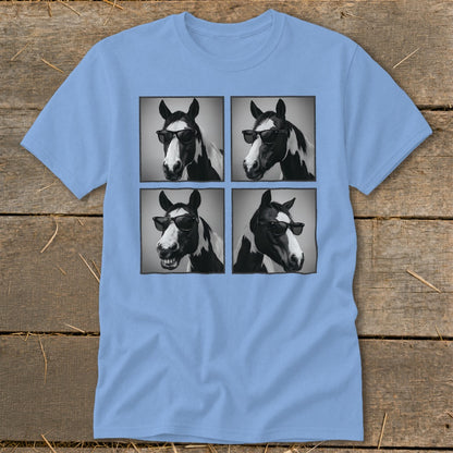 Four black and white portraits of a piebald horse wearing sunglasses.