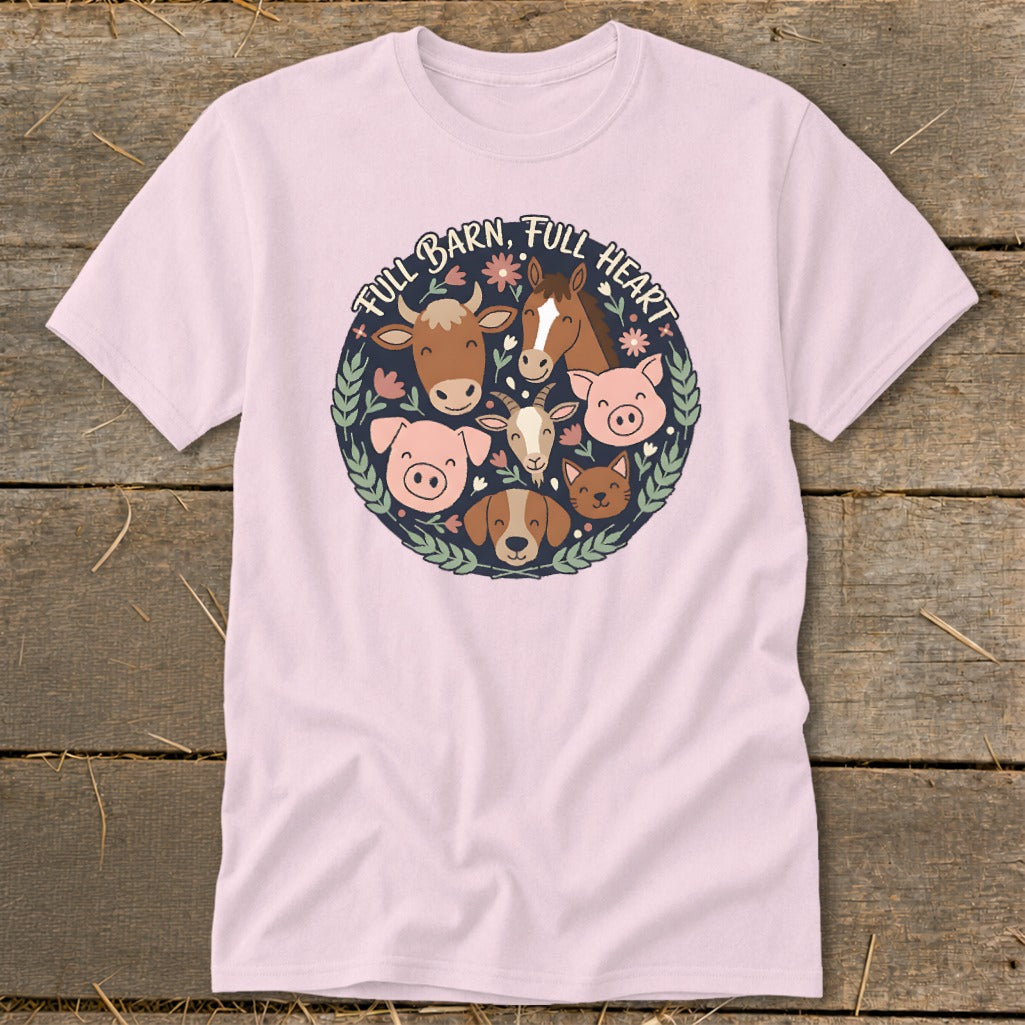 Pink t-shirt with cartoon farm animals and text "FULL BARN, FULL HEART."