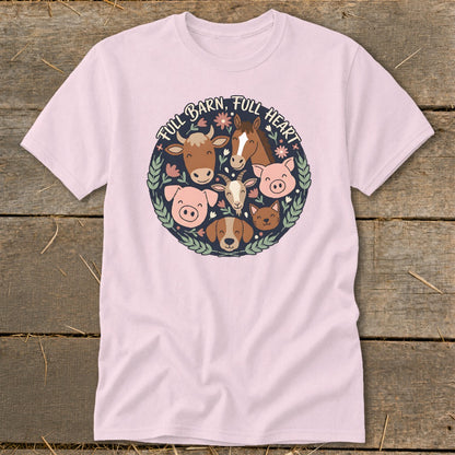 Pink t-shirt with cartoon farm animals and text "FULL BARN, FULL HEART."