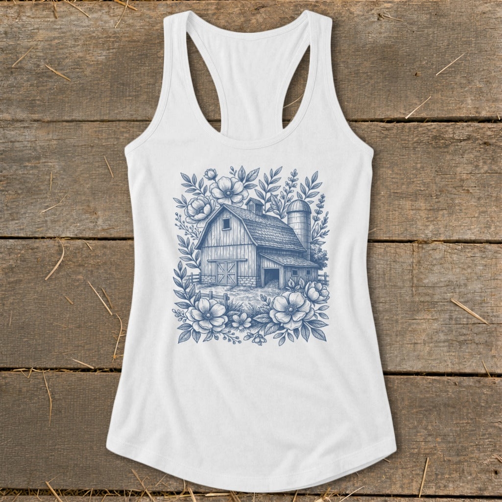 White tank top with blue barn and floral sketch design.