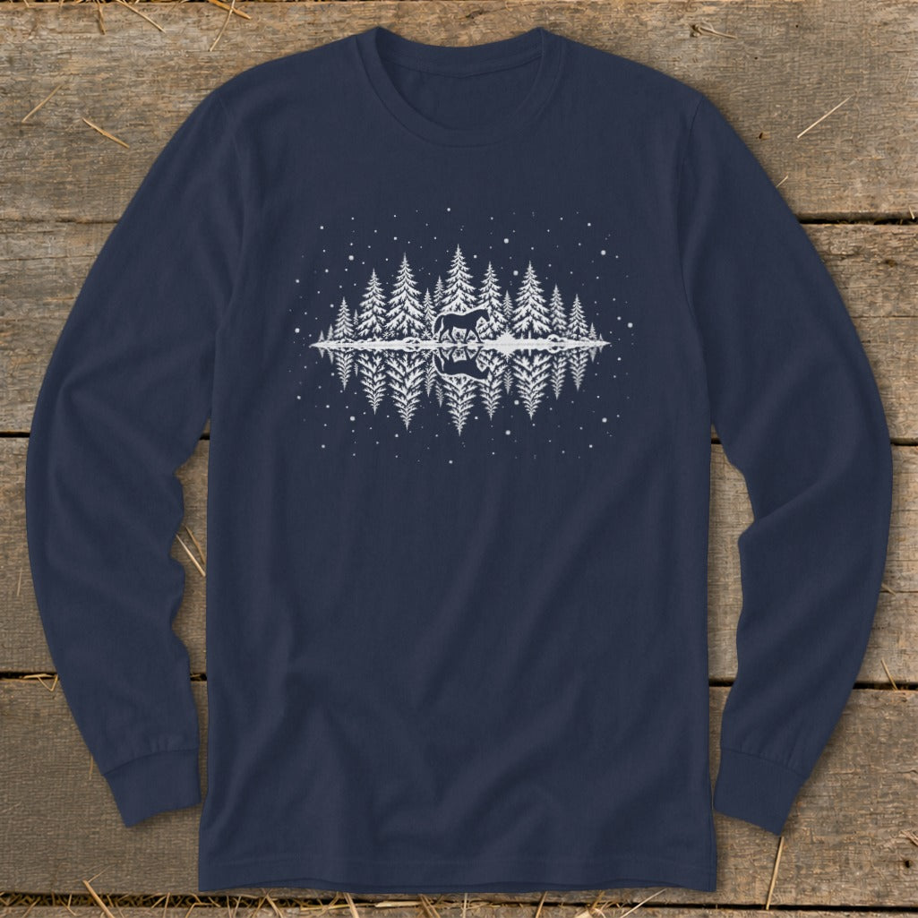 Navy long-sleeve shirt with white silhouette of a forest and deer reflected in water.