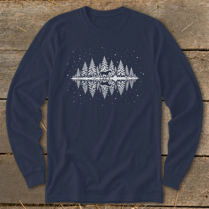 Navy long-sleeve shirt with white silhouette of a forest and deer reflected in water.