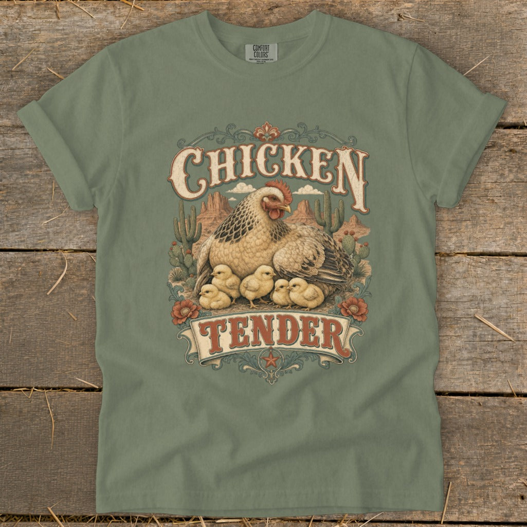 Chicken Tender graphic with hen and chicks on desert landscape.