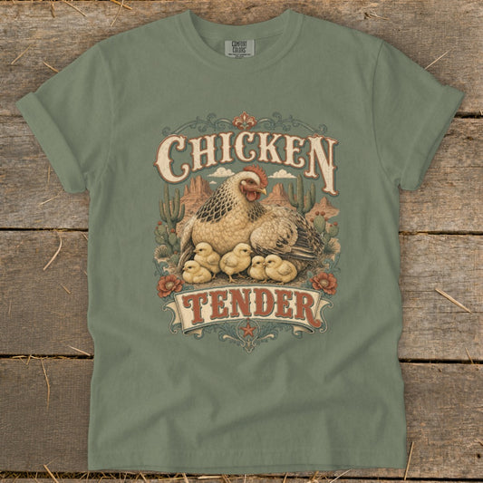 Chicken Tender graphic with hen and chicks on desert landscape.