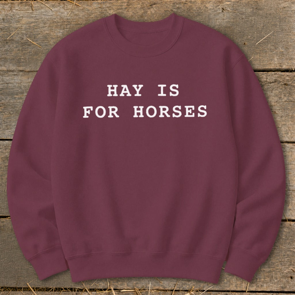 Maroon sweatshirt with white text "HAY IS FOR HORSES" on a wooden background.