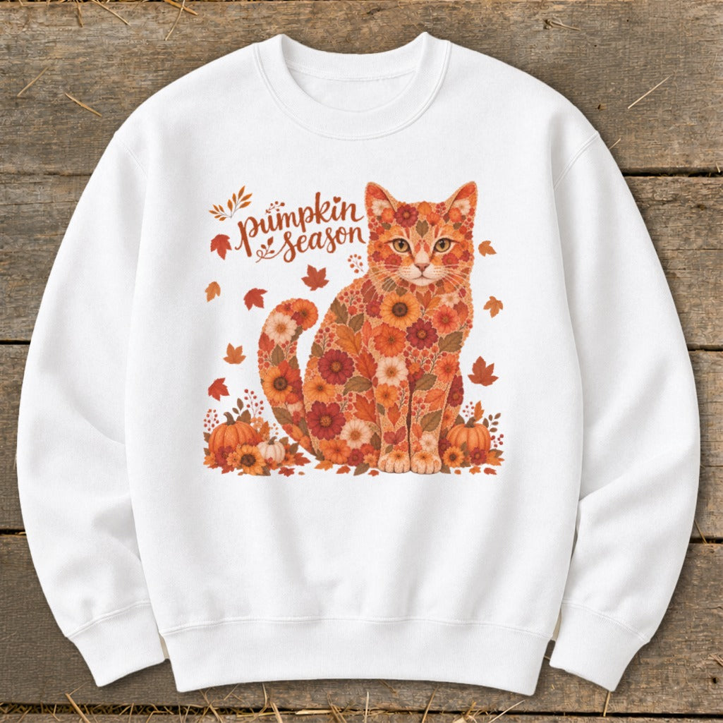 White sweatshirt with a floral cat design and "Pumpkin Season" text.