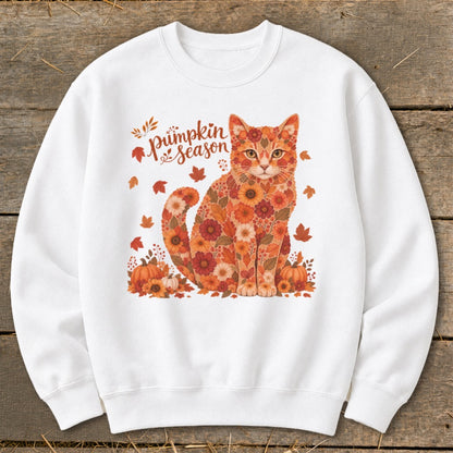 White sweatshirt with a floral cat design and "Pumpkin Season" text.