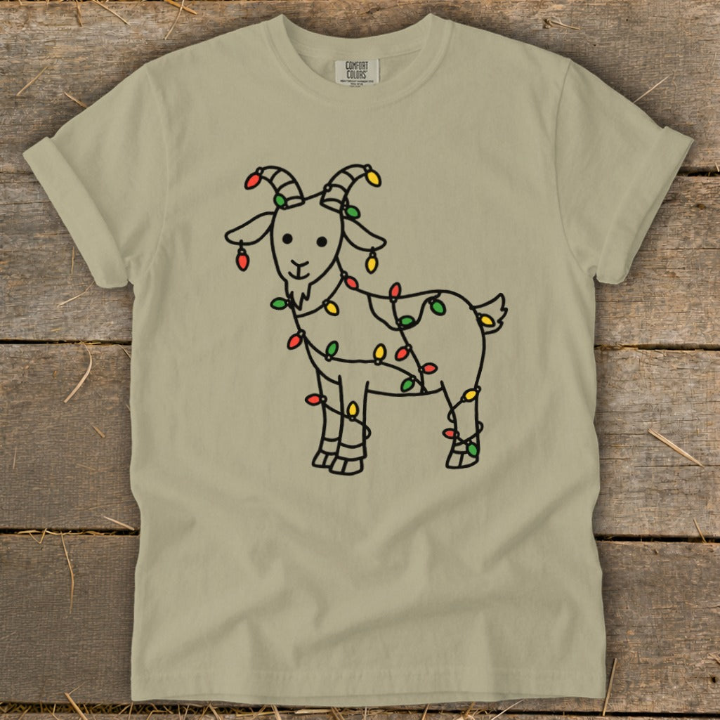 T-shirt with line art goat covered in colorful Christmas lights.