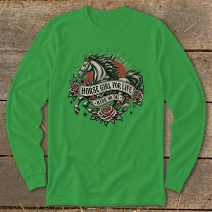 Green long-sleeve shirt with a tattoo-style design of a horse, roses, and text.