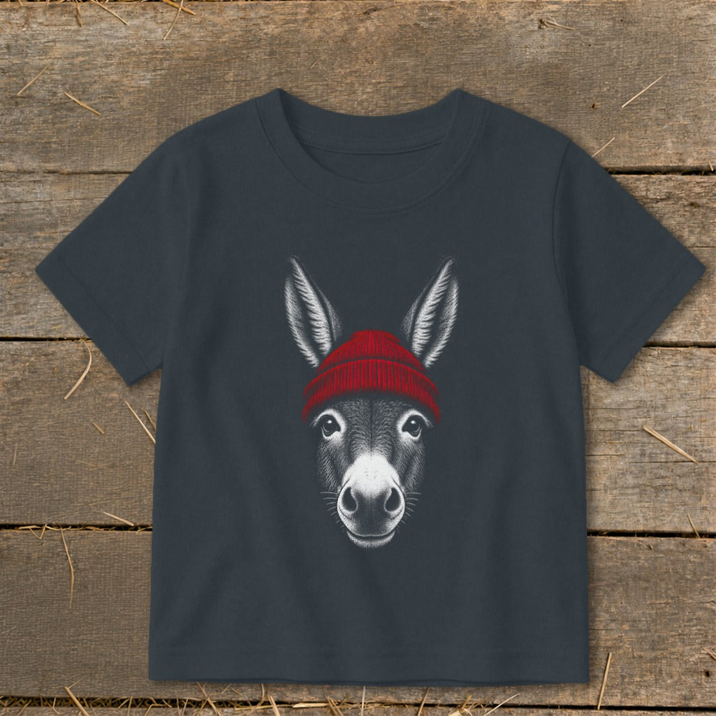 Dark gray children's t-shirt featuring a front graphic of a donkey wearing a red beanie.
