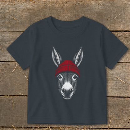 Dark gray children's t-shirt featuring a front graphic of a donkey wearing a red beanie.