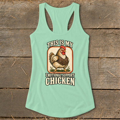 Mint green tank top with "This is my Emotional Support Chicken" graphic.