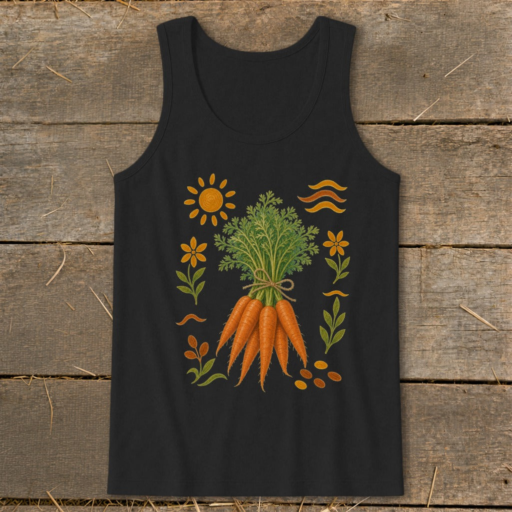 Black tank top with a illustration of a bunch of carrots, sun, and flowers.